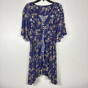 ⭐️ Floral Mini Dress Size Large Western Boho Flutter Sleeves Cottagecore Blue
